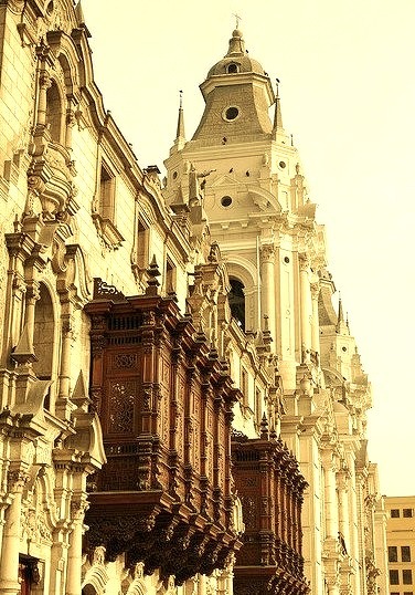Wooden balconies on Archbishops Palace in Lima, Peru